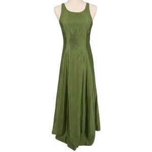 Vintage 80s 90s Women's Olive Green Roberta Formal Prom A Line Maxi Dress Sz 7/8